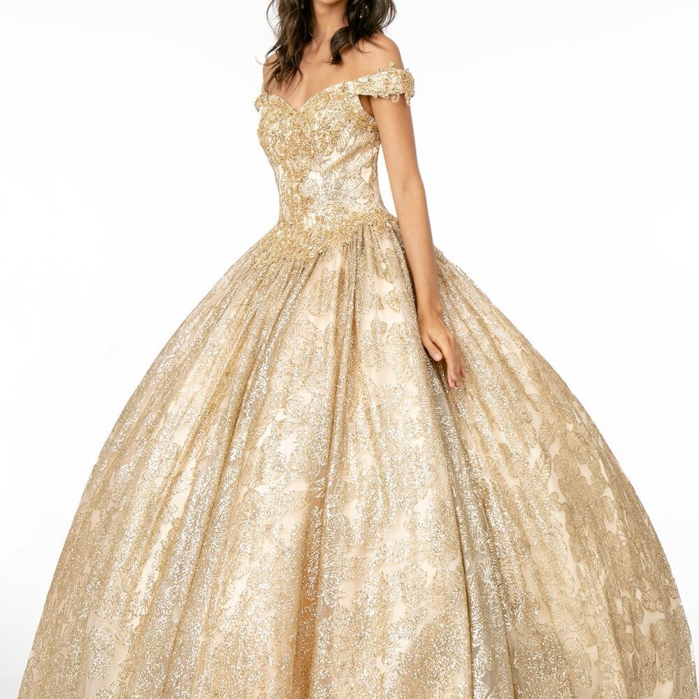 NEW CHAMPAGNE EVENING FORMAL  Off Shoulder Sequined Ballgown Dress GSGL1820